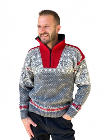 Nordlys Mønstret grå og rød strikket genser for dame og herre.